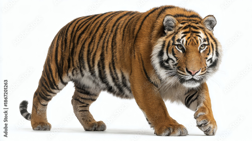 Fototapeta premium Tiger Walking White Background Side View