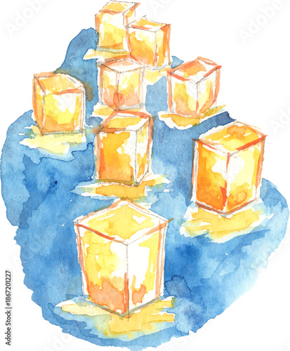 灯篭流しの水彩イラスト　ベクター