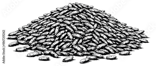 Hand drawn line art illustration of a rice grains pile depicting abundance for food and agriculture concepts