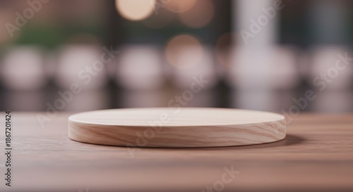 Wooden Circular Platform on Wooden Surface with Blurred Light Background