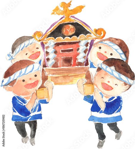 子ども神輿の水彩イラスト　ベクター
