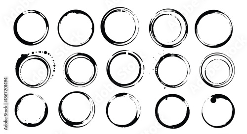 Diverse set of black ink circle splatters and coffee ring stains perfect for creating artistic textures and vintage design elements.