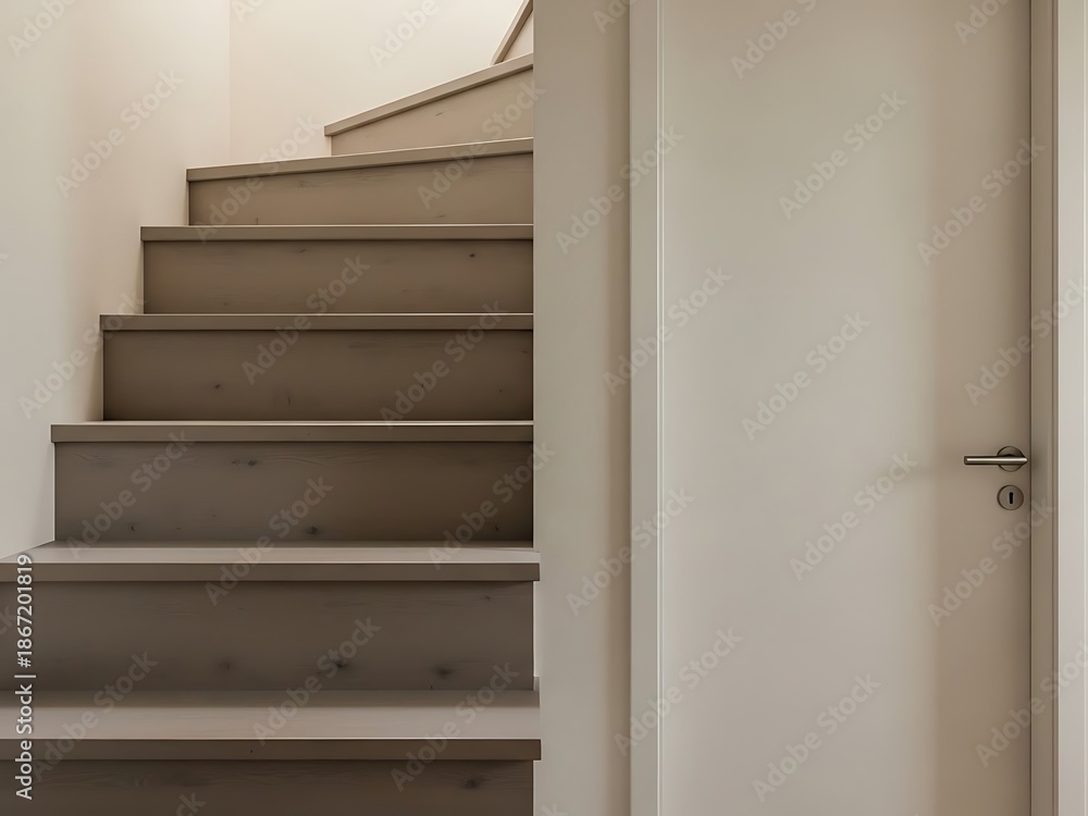 Fototapeta premium Minimalist interior shot featuring staircase adjacent to a closed doorway