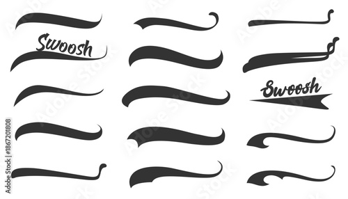 Swoosh and swash typography tail shapes with dynamic retro wave lines. Collection of baseball script swooshes, tails, and underlines. Vintage typographic design elements for logos and branding to emph