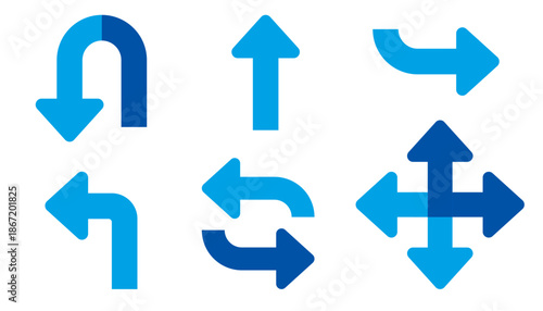 Collection of blue flat vector arrows: up, down, left, right, U-turn, and refresh symbols for navigation and UI design. Vector EPS10