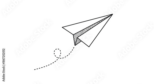 Simple paper plane sketch with a dotted line flight path representing travel, freedom, and creative business ideas in a minimalist style.