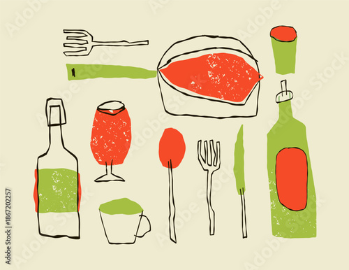 Retro Kitchenware and Cooking Tools Set: Textured Hand-Drawn Utensils for Culinary Blogs, Recipes and Restaurant Branding