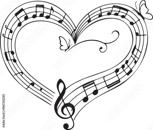 A melodic heart outline composed of musical notes and staff lines adorned with delicate butterflies