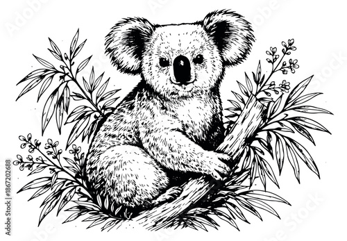 Hand drawn line art illustration of a koala depicting it holding onto a eucalyptus branch for nature themes