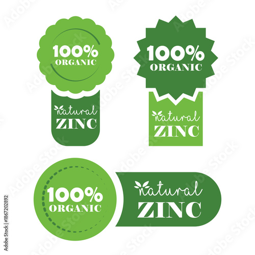 Collection of green 100% organic and natural zinc product labels and badges