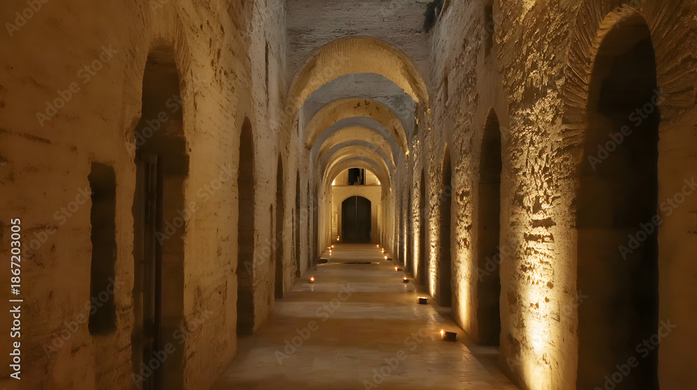 Fototapeta premium unanimity. A narrow stone corridor with arched niches lit by flickering candles, deep perspective. real-estate listings.