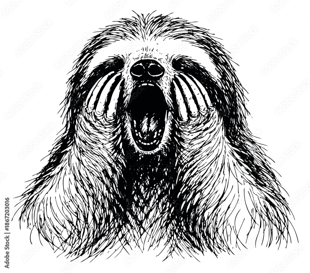 Obraz premium Hand drawn line art illustration of a sloth depicting an intense scream for nature and wildlife themes