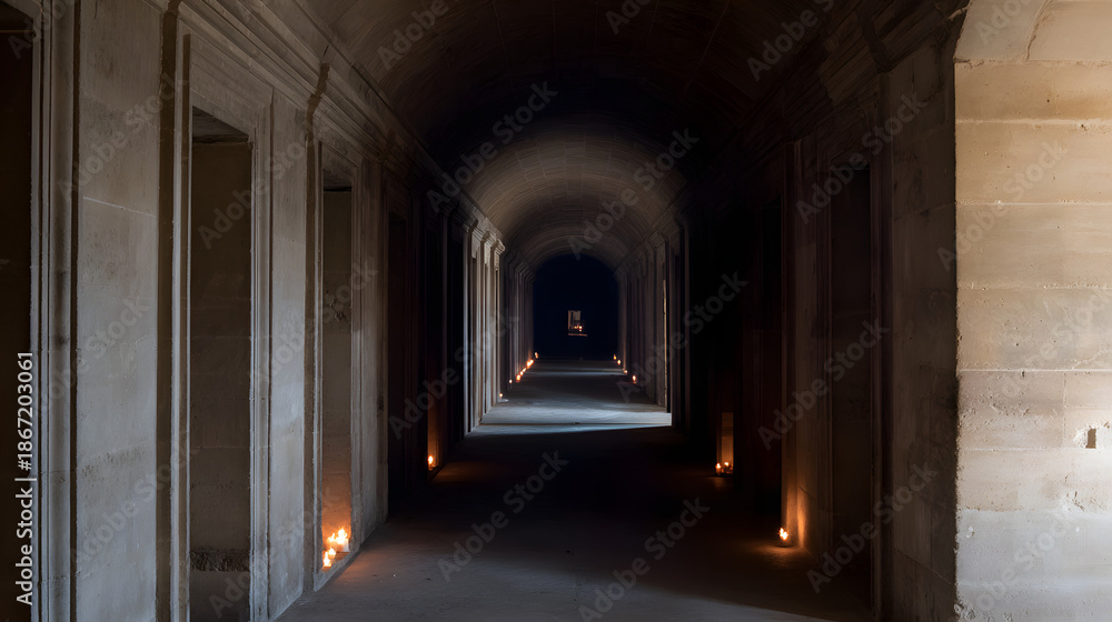 Fototapeta premium unanimity. A narrow stone corridor with arched niches lit by flickering candles, deep perspective. real-estate listings.