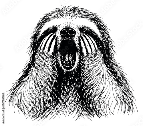 Hand drawn line art illustration of a sloth depicting an intense scream for nature and wildlife themes