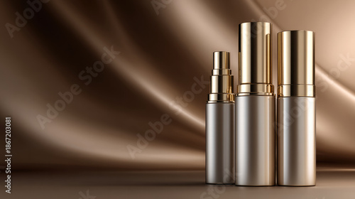 Three elegant facial cream bottles with gold caps stand on silky brown background, luxury skincare packaging for beauty and cosmetic products