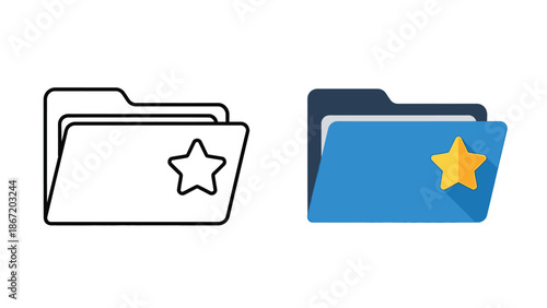 Two distinct vector illustrations depicting a file folder icon marked prominently with a favorite star symbol in both outline and flat design styles