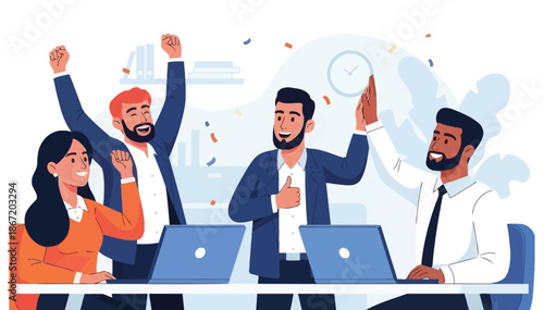 Four happy colleagues, three men and one woman, celebrate a successful project with raised hands and confetti