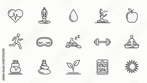 Collection of modern line icons representing health, wellness, fitness, and balanced lifestyle concepts for web and app design projects