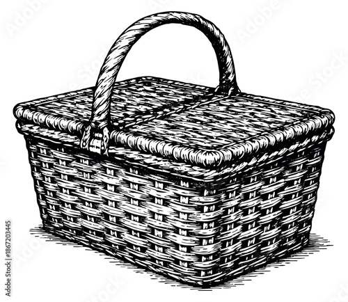 Hand drawn line art illustration of a picnic basket depicting a classic woven design for outdoor and summer themes