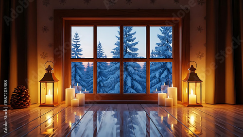 Cozy winter interior with candles and lanterns by window transparent background