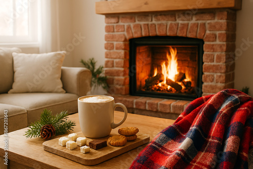 Cozy living room with fireplace hot chocolate and cookies on wooden table transparent background