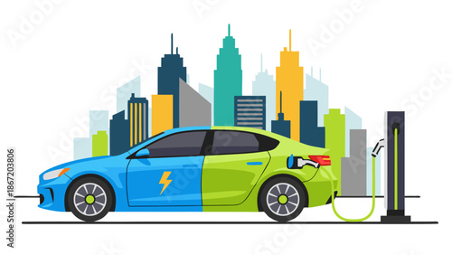 Modern electric vehicle charging illustration - green and blue car with lightning bolt symbol connected to charging station on city skyline background, vector art