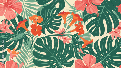 Tropical floral pattern vector illustration, vibrant botanical elements and palm leaves for summer design