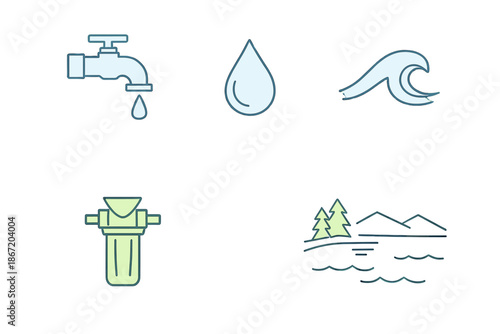 A set of five minimalist linear icons dedicated to the theme of water and its conservation: water resource protection, water conservation, water purification, natural water bodies.