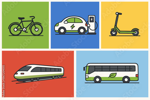 A set of five flat-style icons on colored backgrounds illustrating environmentally friendly, sustainable transport: green transport, eco-mobility, CO₂ reduction, sustainable development in transport.
