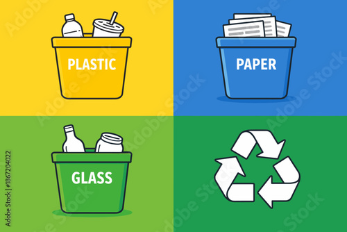 A set of four simple, bright illustrations in flat design style dedicated to the topic of waste sorting and recycling.