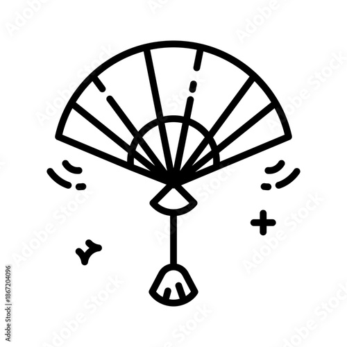 Traditional Chinese Folding Fan with Tassel Line Art Icon