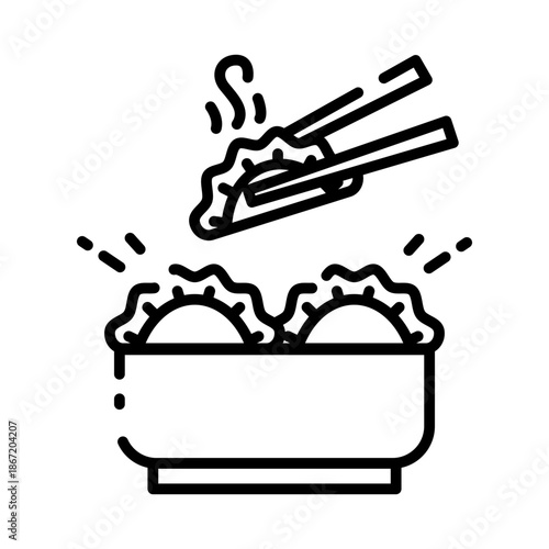 Traditional Chinese Dumplings in Bowl with Chopsticks Line Art Icon