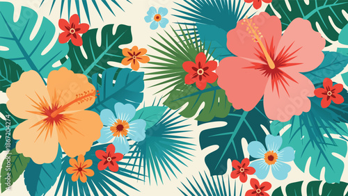 vibrant tropical floral pattern vector illustration with exotic flowers and palm leaves, perfect for summer designs