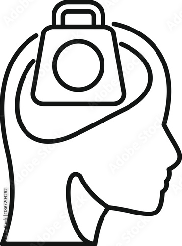 Head silhouette experiencing mental load and pressure from a heavy weight inside