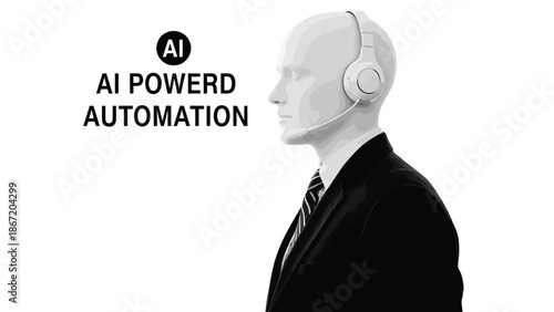 Concept of artificial intelligence powering automated customer service operations represented by a stylized mannequin wearing a headset in a black and white composition