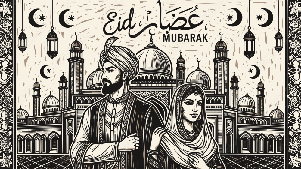 Fototapeta premium Traditional Eid Mubarak Greeting Card with Mosque and Lanterns