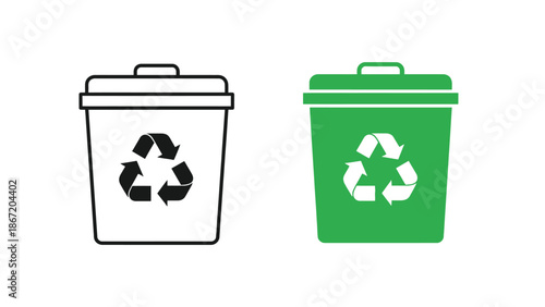Collection of two distinct recycling bin icons one outlined black and white and the other solid green representing environmental sustainability efforts globally