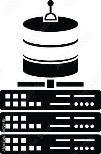 Graphic black and white icon representing a database server rack connected to a large cylindrical data storage unit symbolizing cloud infrastructure and backend systems management