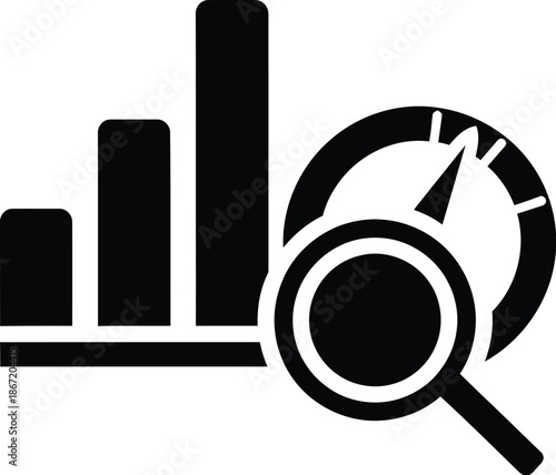 Black and white vector icon graphic symbolizing detailed analysis of increasing performance metrics using a magnifying glass over a gauge chart combination