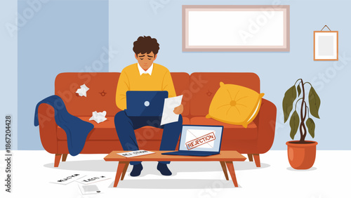 Vector illustration of a man working remotely on a laptop and papers, showing focus and productivity in a home office setting, a concept of work from home lifestyle