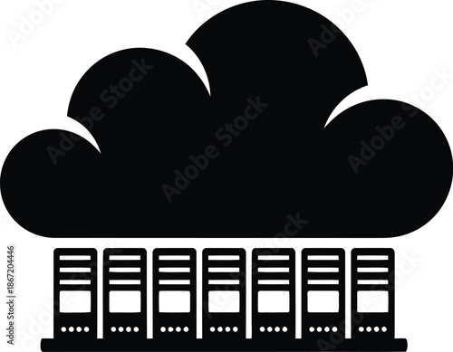 Simple black and white graphic icon depicting a large cloud shape positioned directly over a row of six server racks representing data storage and cloud computing infrastructure concepts