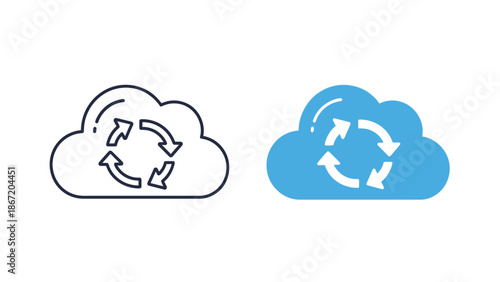 Cloud computing data synchronization and refresh icons displayed in both outlined and filled blue styles for modern application design concepts