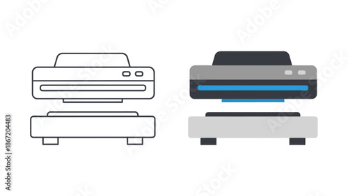 Vector icons showcasing a flatbed scanner and a modern printer in both outline and filled color styles for diverse design needs