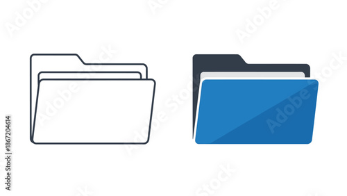 Comparison of a simple line art folder icon next to a colorful three dimensional folder icon representing data organization and digital storage concepts