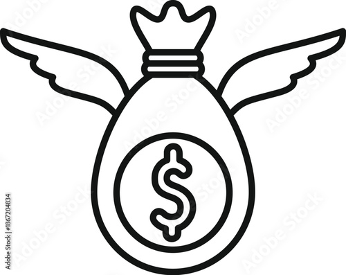 Money bag with a dollar sign and wings flying, symbolizing financial loss or spending