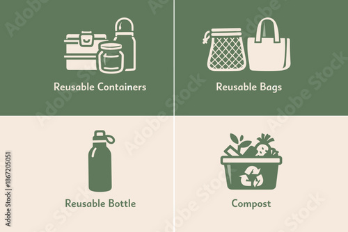 A set of four minimalist icons in green colors illustrating the basic practices of zero waste and sustainable living.