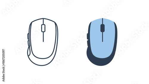 Wireless computer mouse icon design showcasing both a black outline version and a colored flat illustration style ready for digital projects