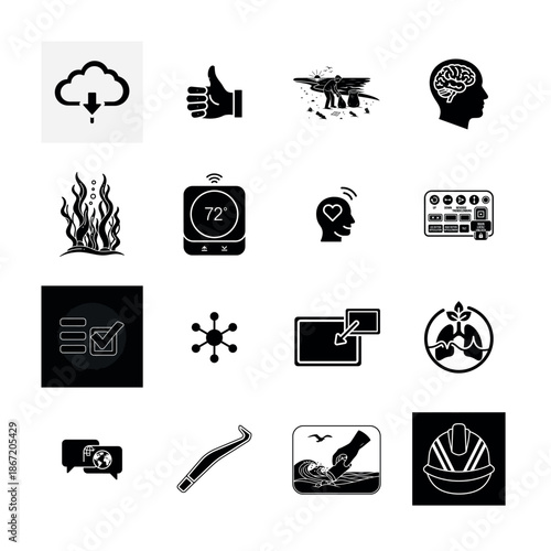 Collection of modern, flat icons covering various aspects of technology and data management, perfect for IT solutions and digital services.