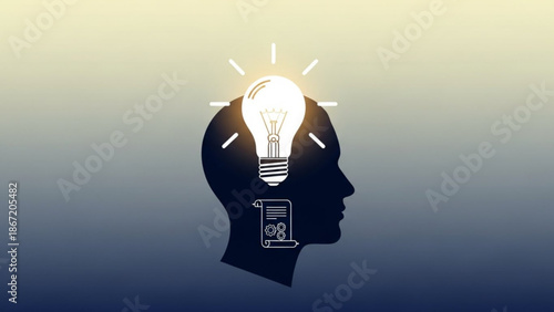 A vector graphic illustration of a human head with a glowing lightbulb and phone inside