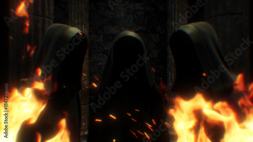 Three Hooded Figures Stood Between Stone Pillars Surrounded By Flames